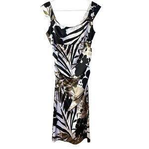 London Times Brown/Black/Cream Zippered Side Gathered Sleevess Dress Size 8 Chic